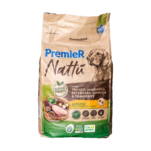 Ração Premier Nattu Adulto Frango, Mandioca, Beterraba, Linhaça e Cranberry 12kg 
